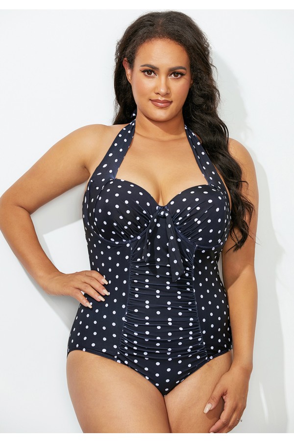 Black Speckle Halter Tie Front OnePiece Swimsuit