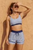 Blue Stripes Square Neck Wide Straps Sporty Bikini Top And HighWaist Boy Shorts