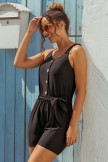 Solid Black Scoop Neck Button Belt OnePiece Swimsuit