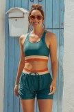 Teal Colorblock Square Neck Wide Straps Sporty Bikini Top And HighWaist Boy Shorts