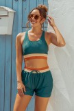 Teal Colorblock Square Neck Wide Straps Sporty Bikini Top And HighWaist Boy Shorts