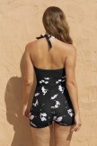 Black Floral Halter Strap Sweetheart Neck Ruching Tummy Control Casual OnePiece Swimsuit