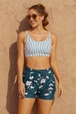 Stripes Square Neck Wide Straps Sporty Bikini Top And Floral HighWaist Boy Shorts