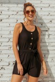 Solid Black Scoop Neck Button Belt OnePiece Swimsuit