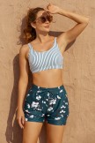 Stripes Square Neck Wide Straps Sporty Bikini Top And Floral HighWaist Boy Shorts