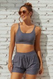 Black Dash Square Neck Adjustable Straps Sporty Bikini Top And HighWaist Boy Shorts