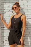 Solid Black Scoop Neck Button Belt OnePiece Swimsuit