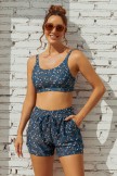 Floral Square Neck Adjustable Straps Sporty Bikini Top And HighWaist Boy Shorts