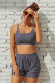 Black Dash Square Neck Adjustable Straps Sporty Bikini Top And HighWaist Boy Shorts