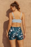 Stripes Square Neck Wide Straps Sporty Bikini Top And Floral HighWaist Boy Shorts