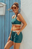 Teal Colorblock Square Neck Wide Straps Sporty Bikini Top And HighWaist Boy Shorts