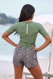 Green Round Neck Sleeves Zipper Back Side DrawstringTankini Top And Floral HighWaisted Boy Shorts Set