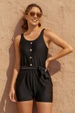 Solid Black Scoop Neck Button Belt OnePiece Swimsuit