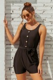 Solid Black Scoop Neck Button Belt OnePiece Swimsuit