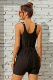 Solid Black Scoop Neck Button Belt OnePiece Swimsuit