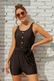 Solid Black Scoop Neck Button Belt OnePiece Swimsuit