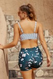 Stripes Square Neck Wide Straps Sporty Bikini Top And Floral HighWaist Boy Shorts