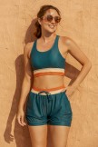 Teal Colorblock Square Neck Wide Straps Sporty Bikini Top And HighWaist Boy Shorts