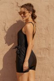 Solid Black Scoop Neck Button Belt OnePiece Swimsuit