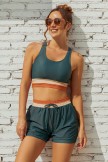 Teal Colorblock Square Neck Wide Straps Sporty Bikini Top And HighWaist Boy Shorts